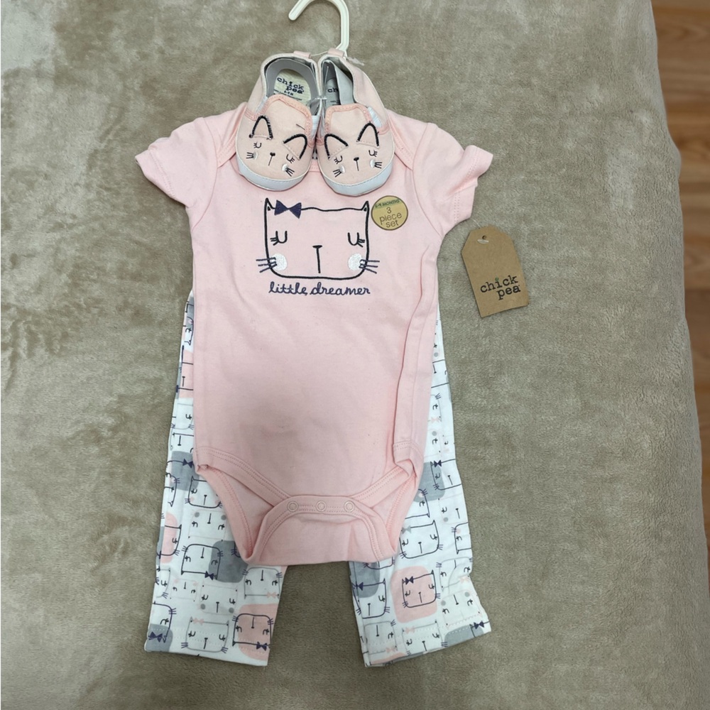 Chick Pea 3-PC Baby Girl Cat BodySuit Pants and Shoes Pink 6-9 Months